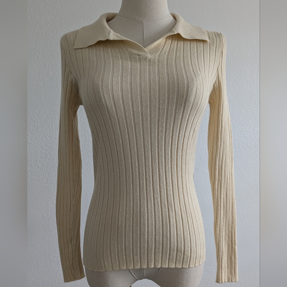 Commense Cream Ribbed Knit Sweater